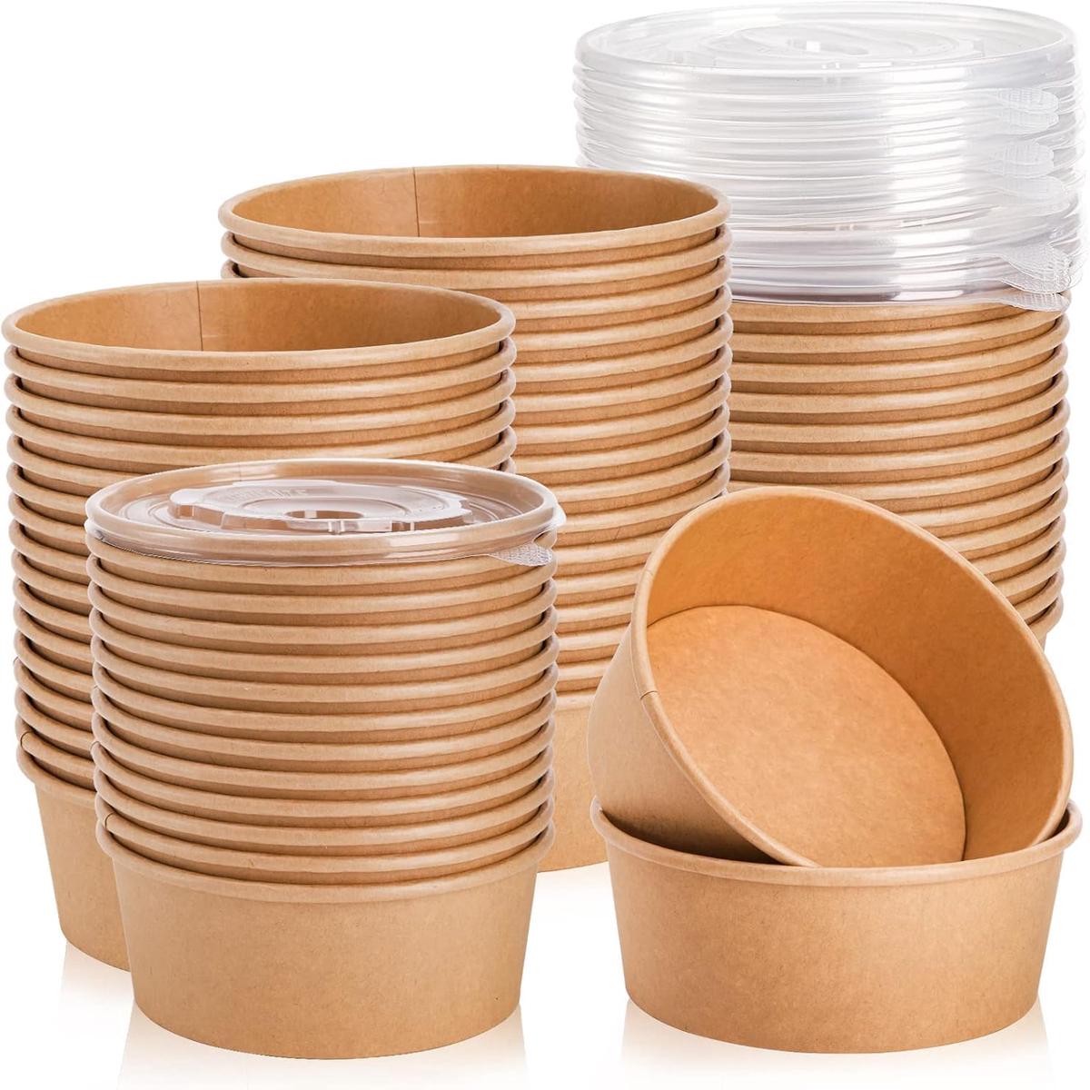 50 Pack Kraft Paper Bowls with Lid 25 Oz Disposable Soup Salad Serving Bowls To Go Food Container for Party Dessert Ice Cream Yogurt Microwave Freezer Safe