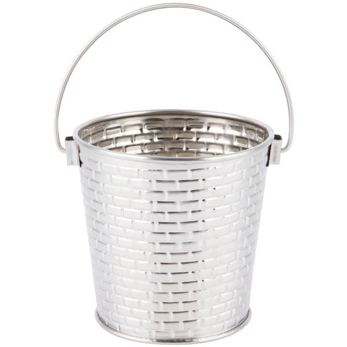 ROUND PAIL WITH HANDLE STAINLESS STEEL CONSTRUCTION WITH BRICK PATTERN TEXTURE CAP 165 OZ DIM 1046 52cm