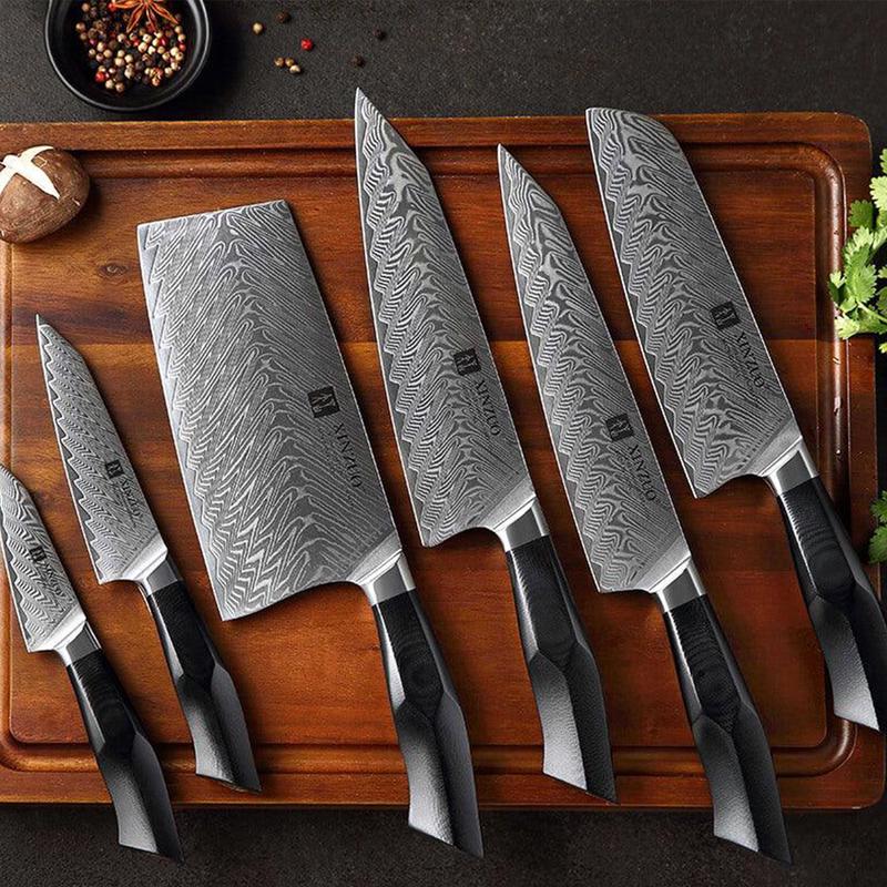 XINZUO B32 6 Pcs Knife Set 67 Damascus Steel with Black G10 Handle and Brass Rivet