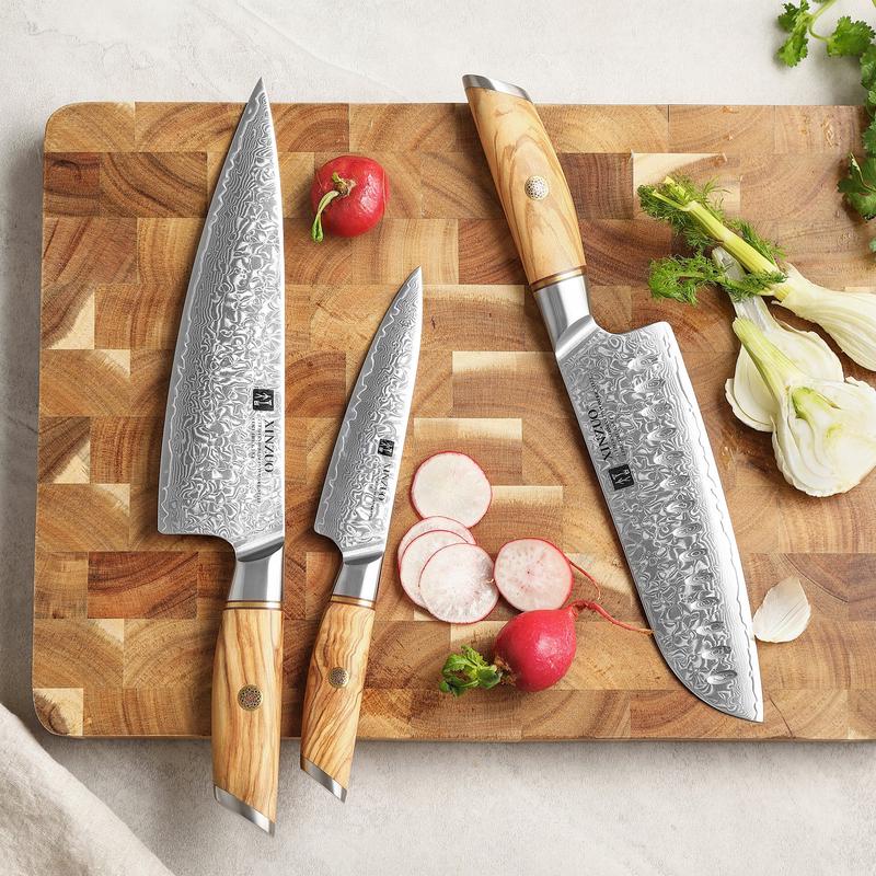 XINZUO B37 3 Pcs Knife Set with Olive Wood + Copper Flower Nails Damascus Steel 62-64 HRC