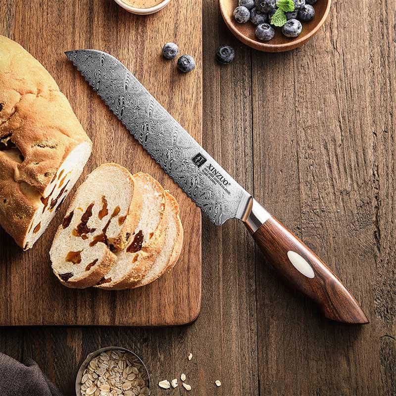 Xinzuo B46D 8.5" 110 Layer Damascus Bread Knife Dessert Ironwood Handles